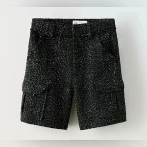 261. New Zara girls patterned weave shorts with pockets tweed sz 6T black/white